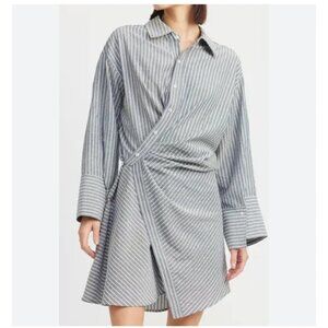 En Saison JJ Shirt Dress Womens Large Gray White Striped Wrap Tie Waist Collared